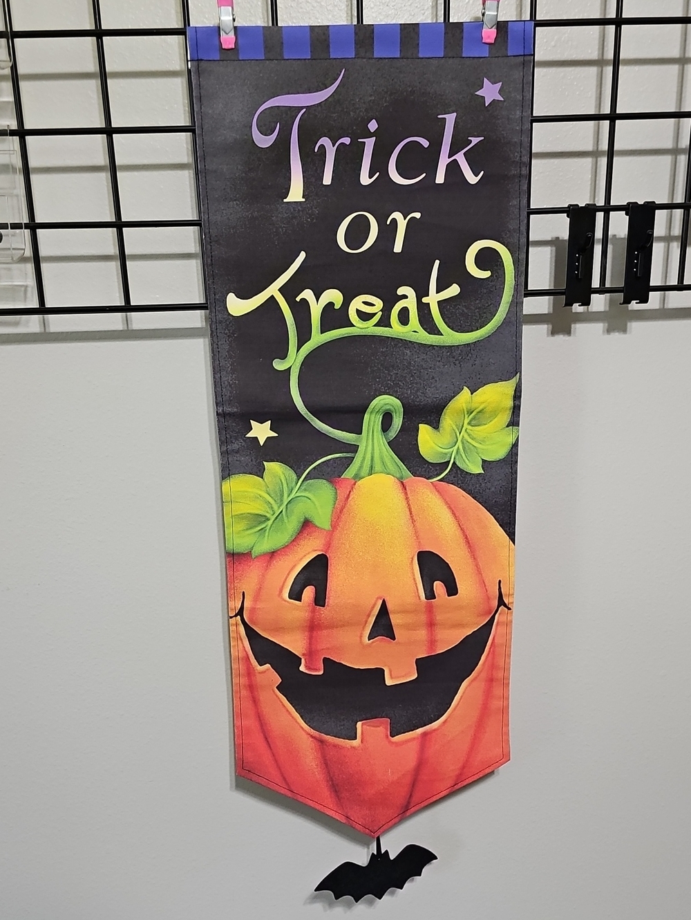 Halloween Canvas Wall Banner Trick Or Treat with Bat Charm 35"
